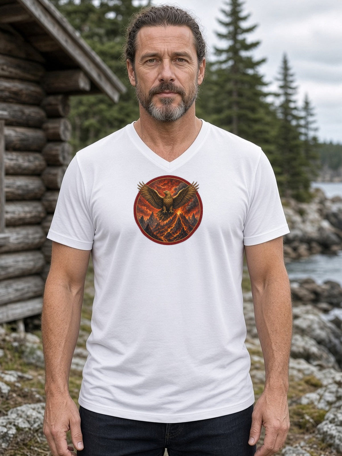 Eagle Over the Fire Peaks V-Neck Tee (Poly Blend) - White