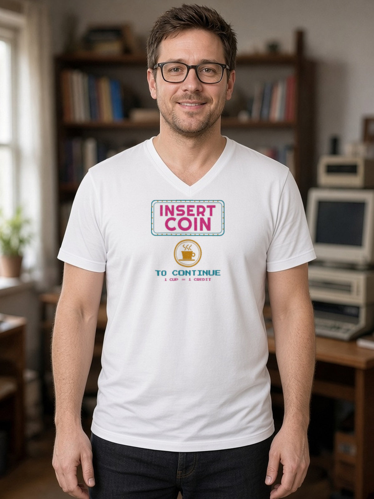 Insert Coin to Continue Coffee V-Neck Tee (Poly Blend) - White
