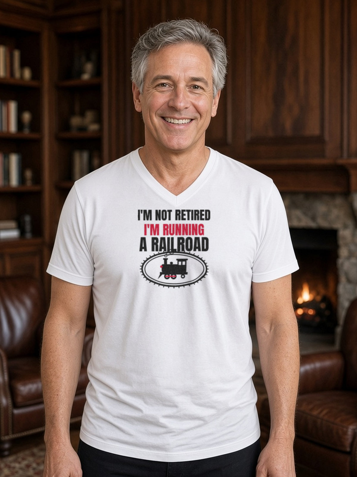 Not Retired, Just Model Railroading Full Time V-Neck Tee (Poly Blend) - White