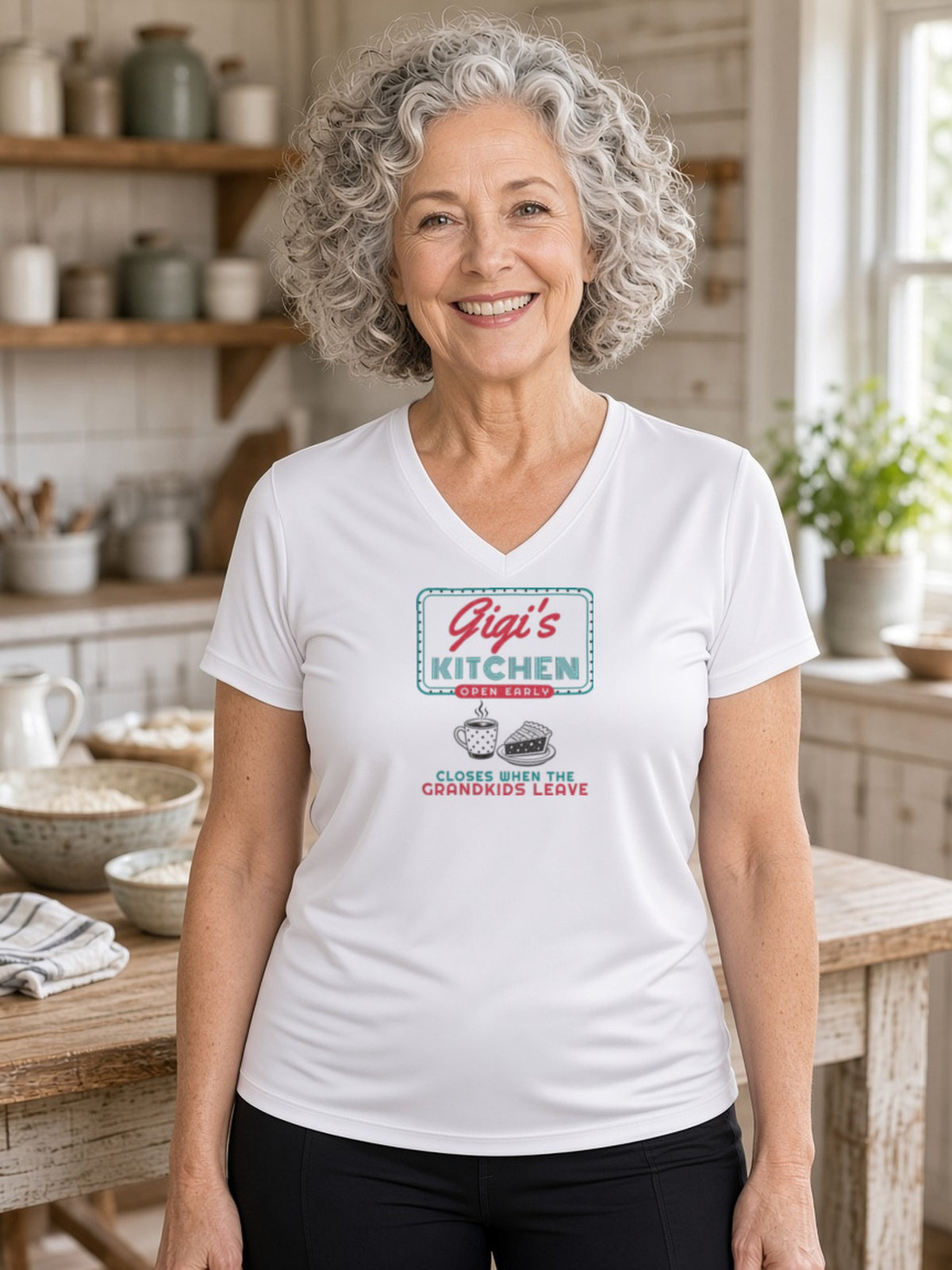 Gigi's Kitchen Retro Diner Sign Women's V-Neck Tee (Polyester) - White