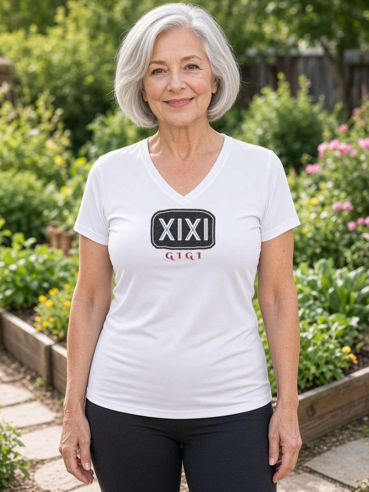 GIGI in Runes Carved Stone Women's V-Neck Tee (Polyester) - White