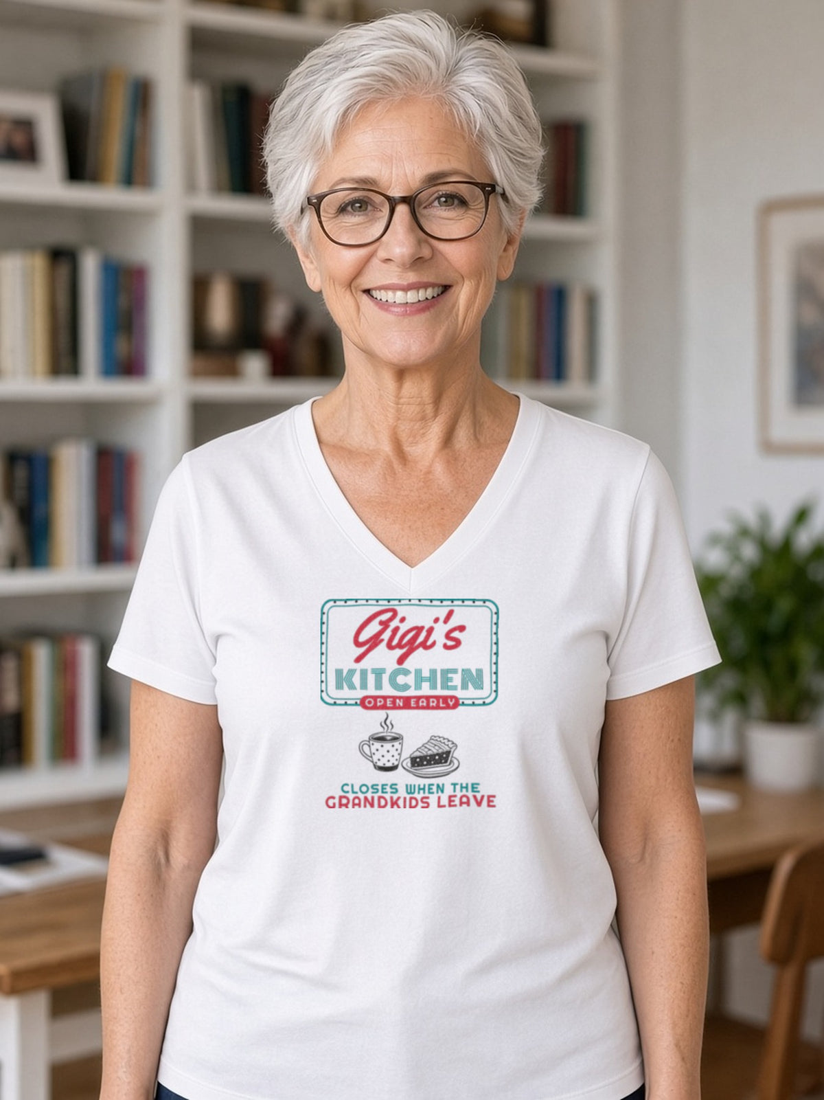 Gigi's Kitchen Retro Diner Sign V-Neck Tee (Poly Blend) - White