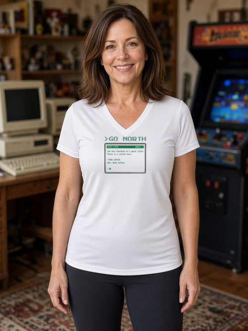 >GO NORTH Retro Text Adventure Women's V-Neck Tee (Polyester) - White