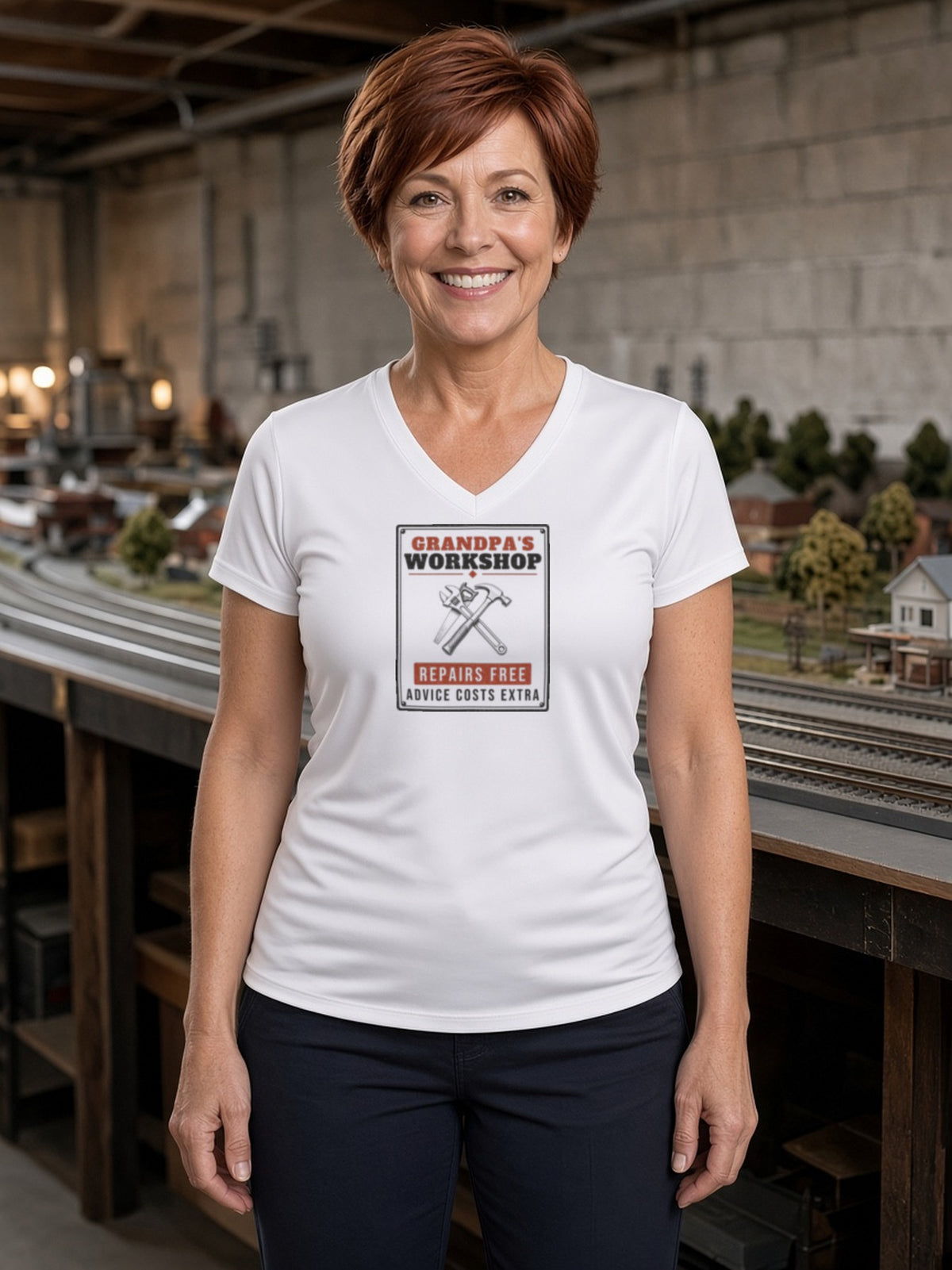 Grandpa's Workshop Tin Sign Women's V-Neck Tee (Polyester) - White