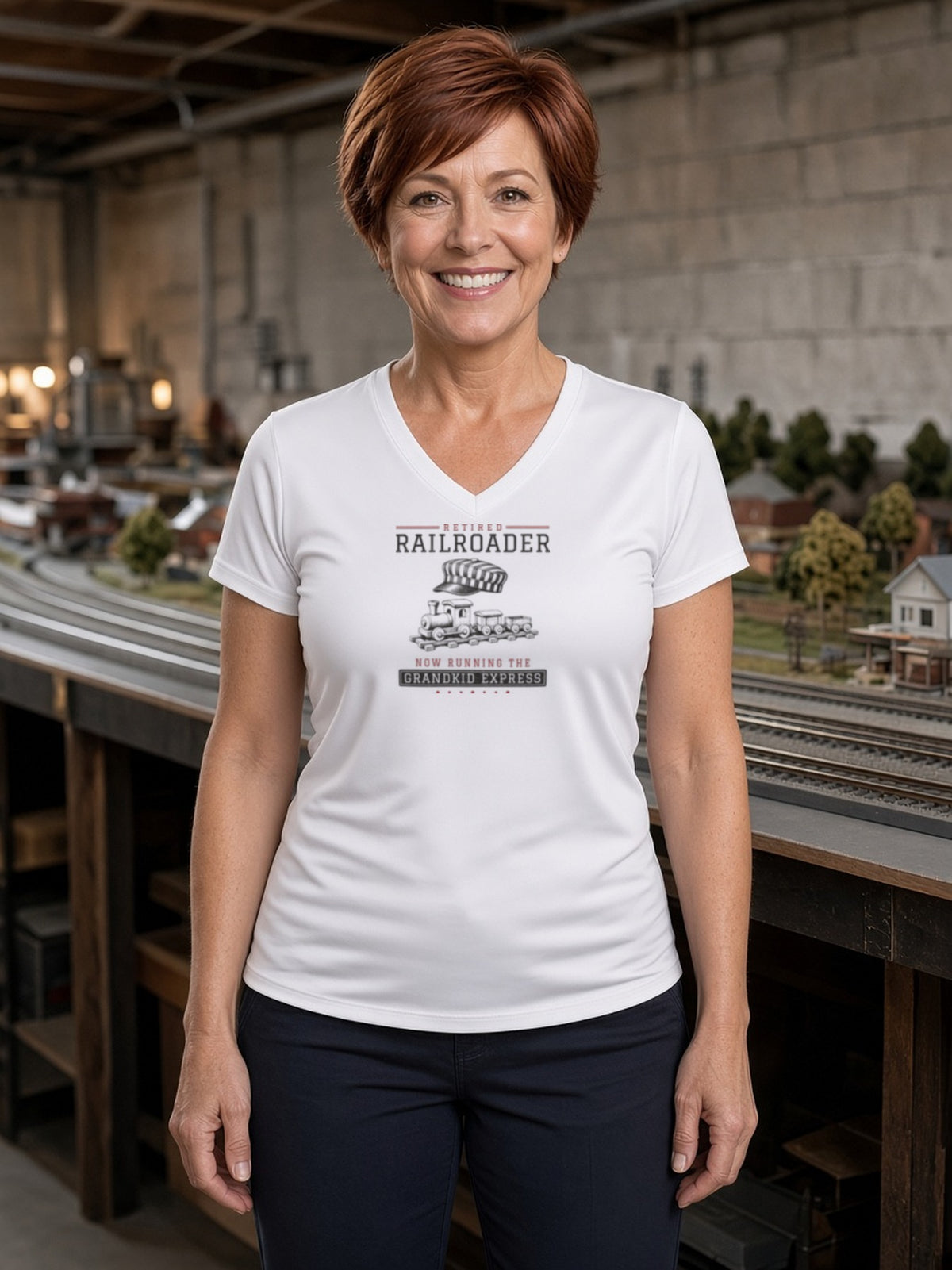 Retired Railroader Grandkid Express Women's V-Neck Tee (Polyester) - White