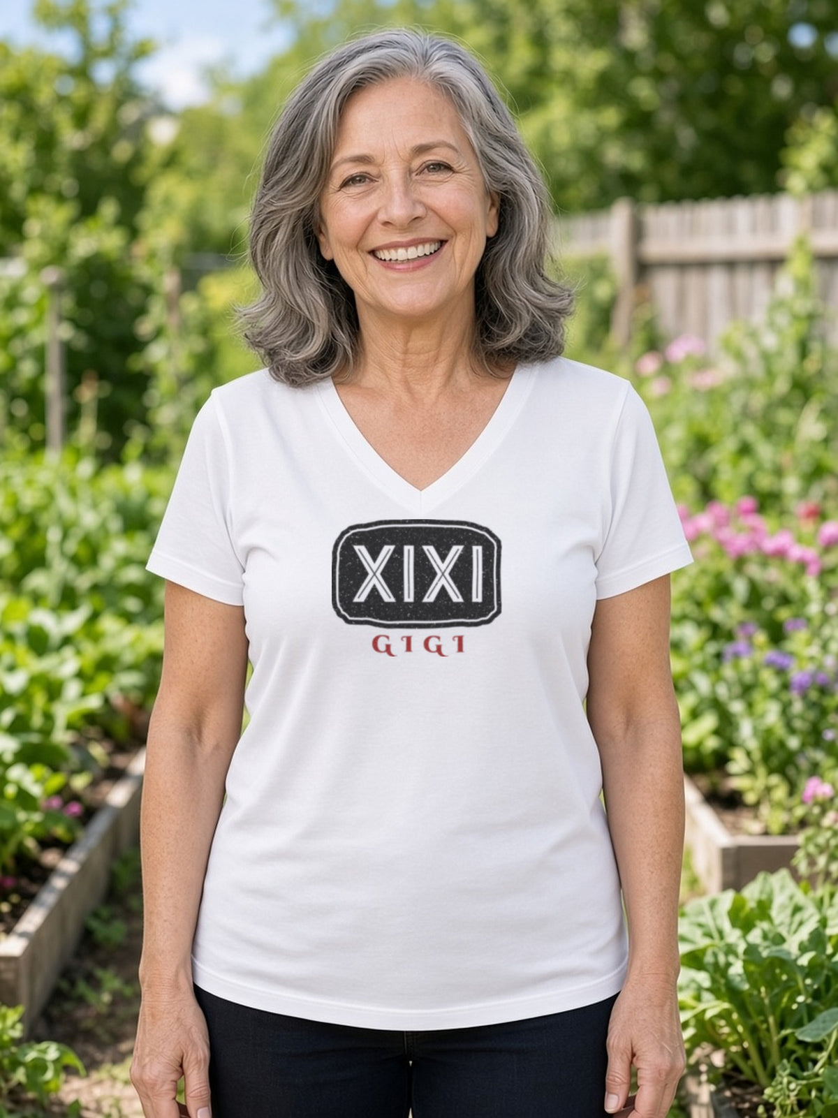 GIGI in Runes Carved Stone V-Neck Tee (Poly Blend) - White