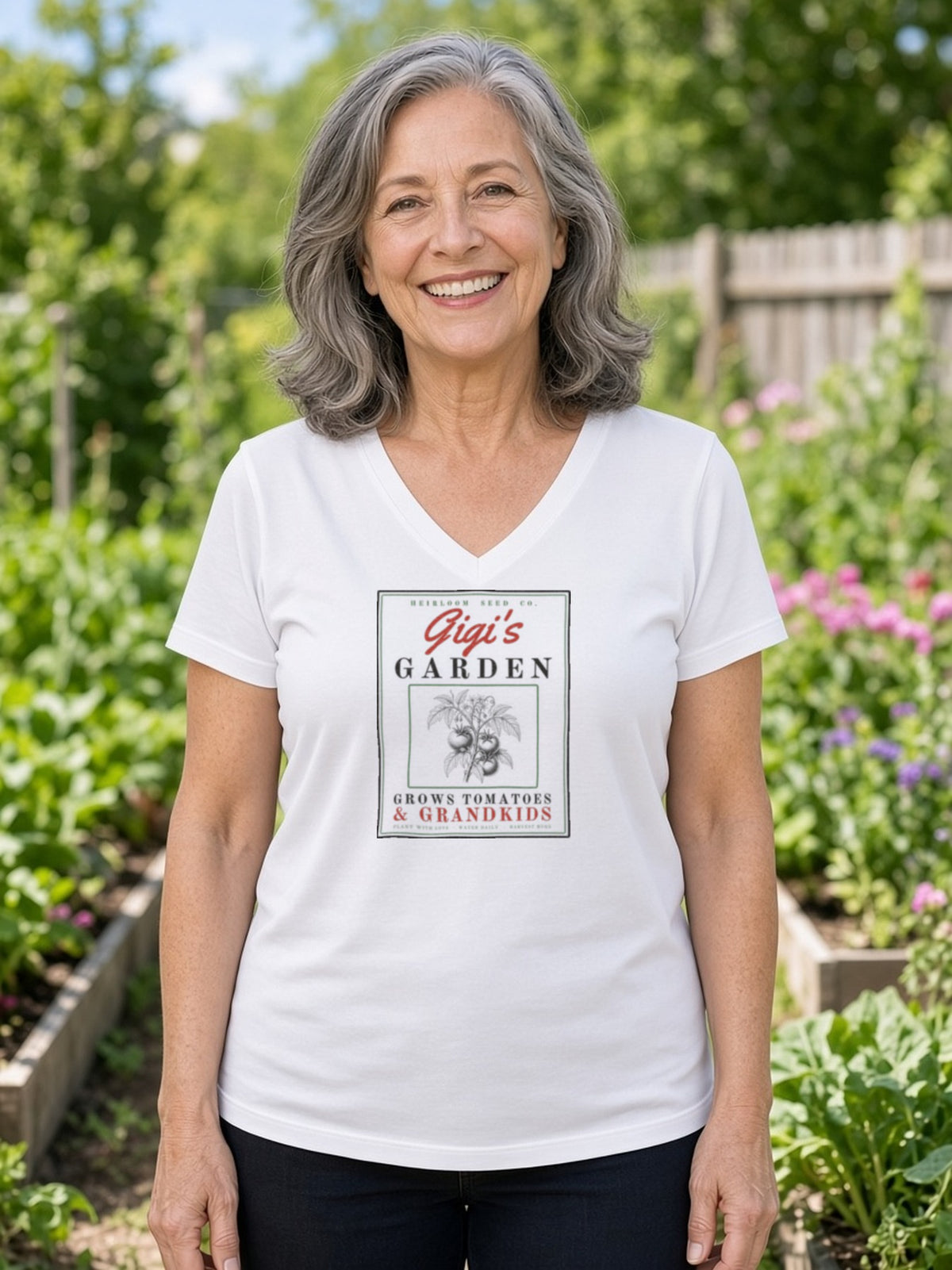Gigi's Garden Seed Packet V-Neck Tee - White