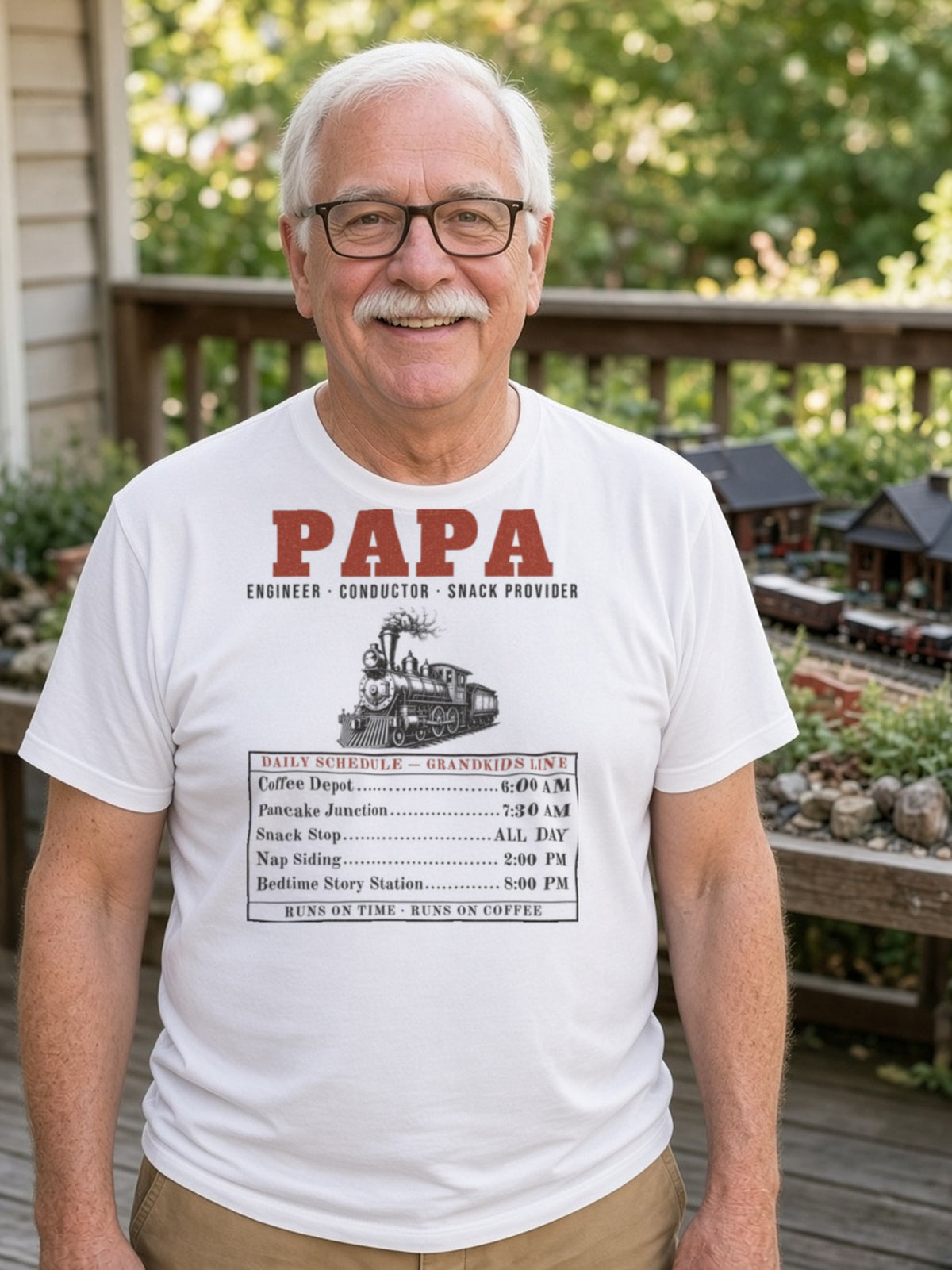 Papa: Engineer, Conductor, Snack Provider Tee - White