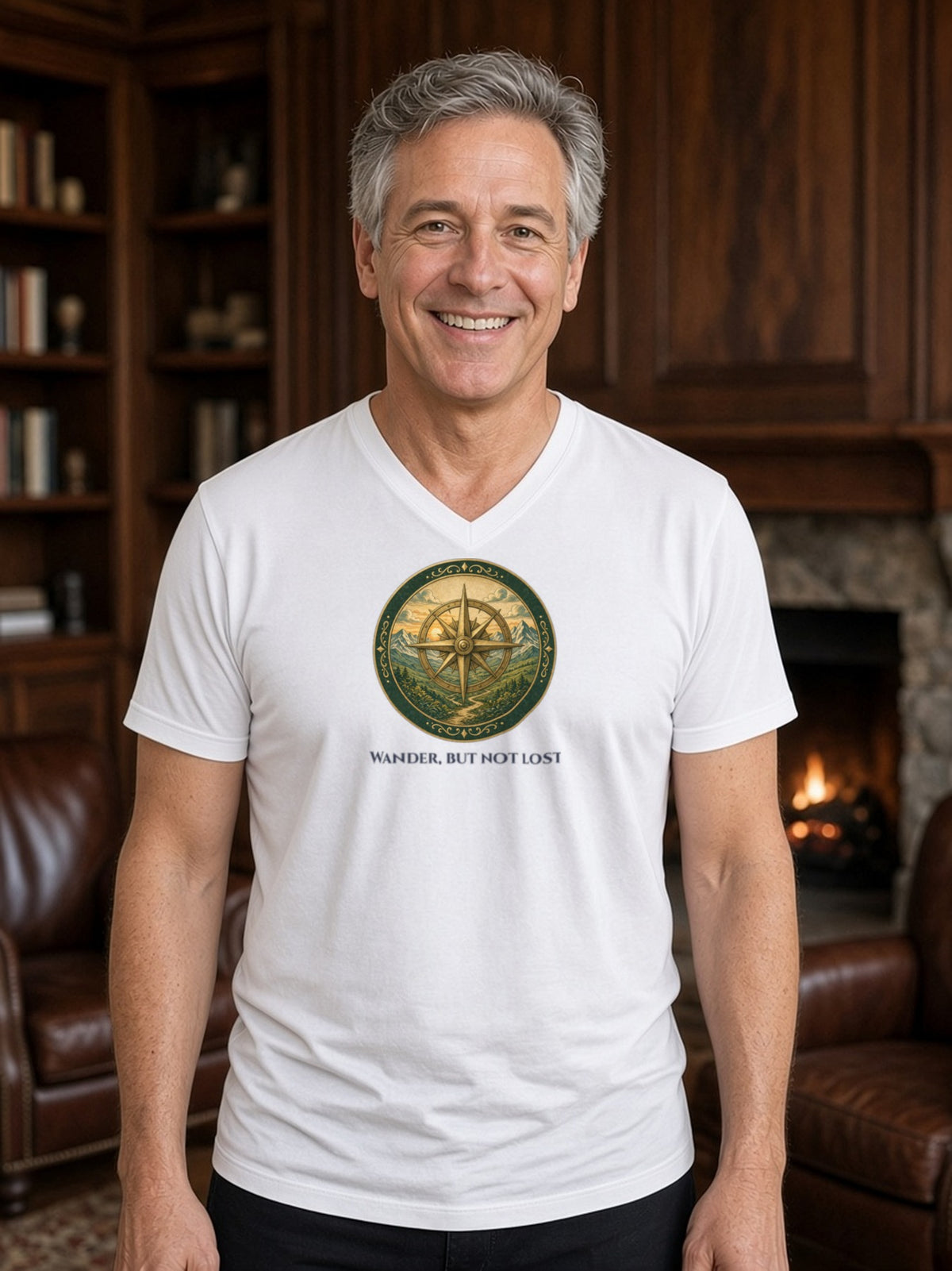 Wander, but Not Lost Compass V-Neck Tee (Poly Blend) - White
