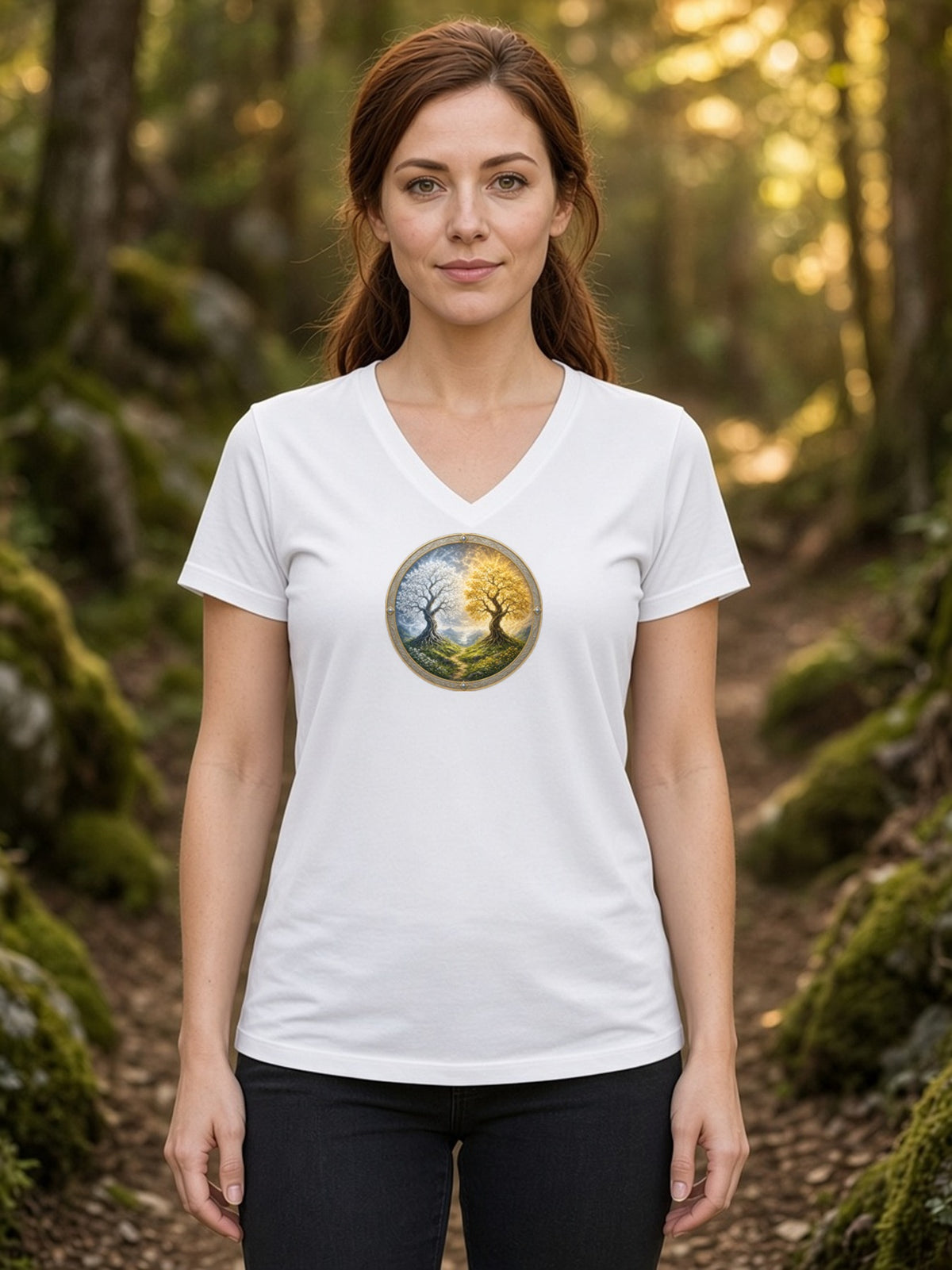 Twin Trees of Dawn and Dusk V-Neck Tee - White