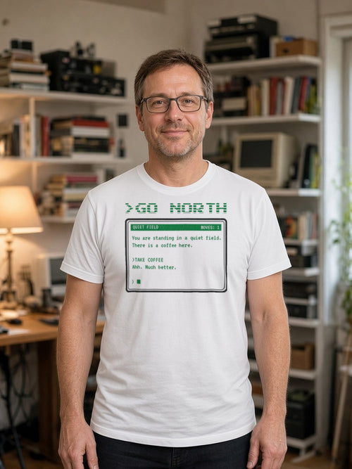>GO NORTH Retro Text Adventure Tee - White