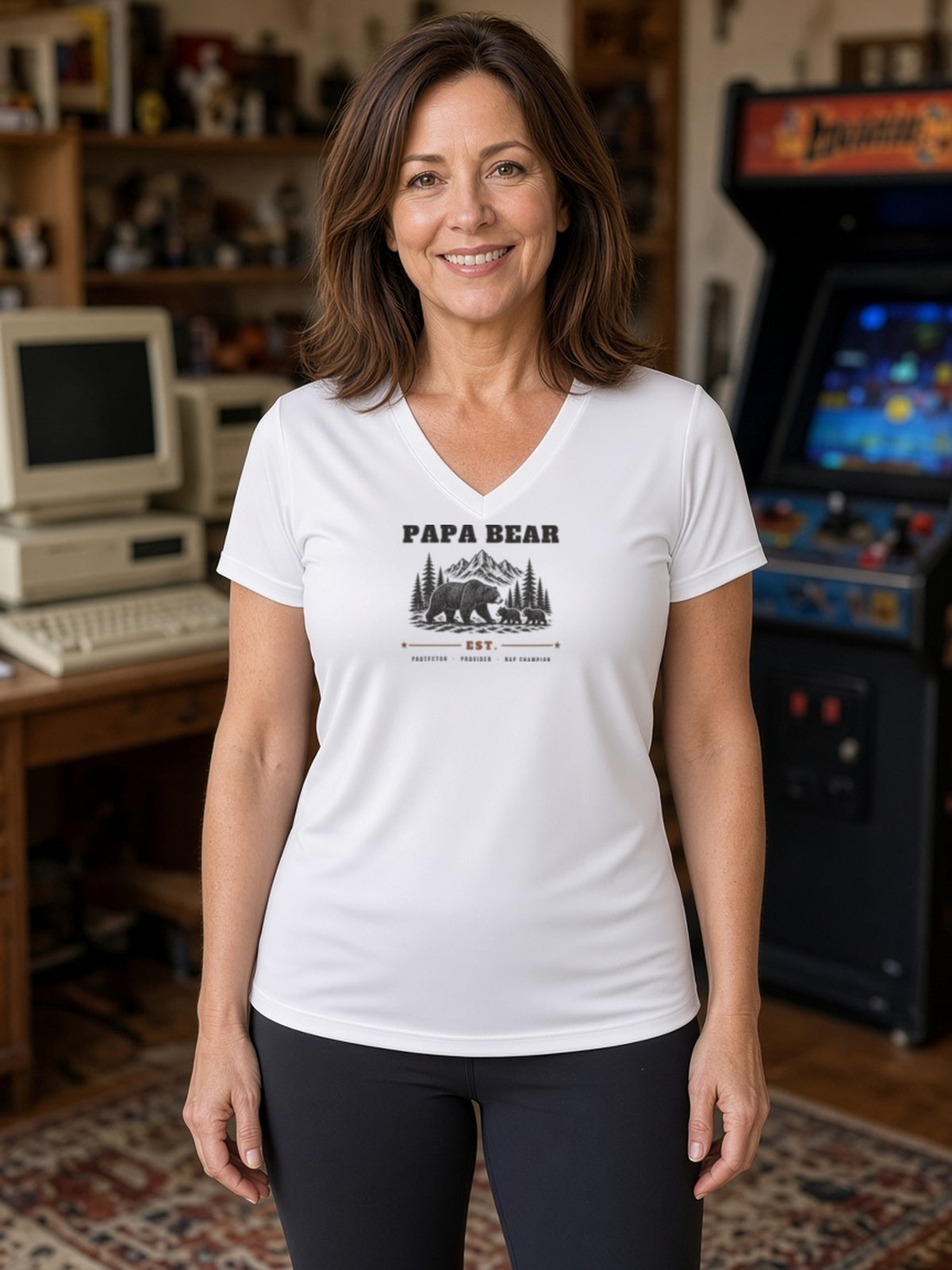 Papa Bear Woodcut Women's V-Neck Tee (Polyester) - White