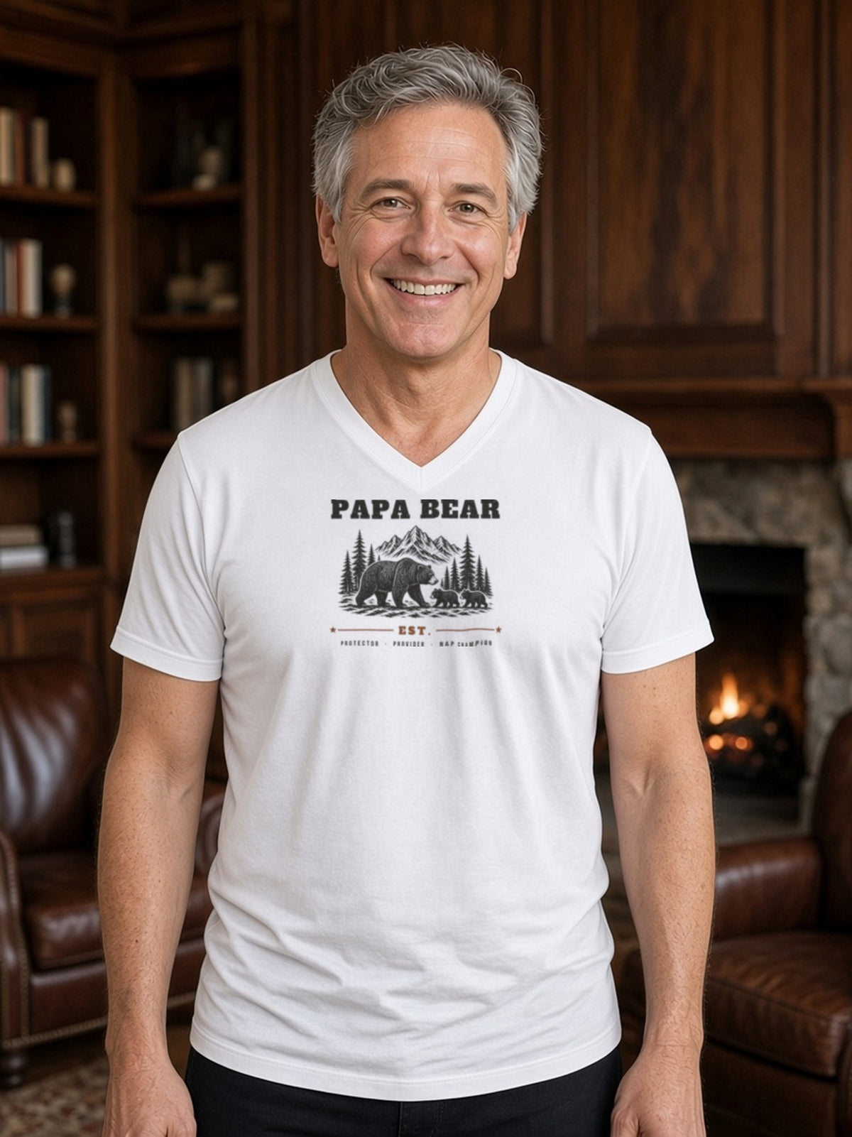 Papa Bear Woodcut V-Neck Tee (Poly Blend) - White