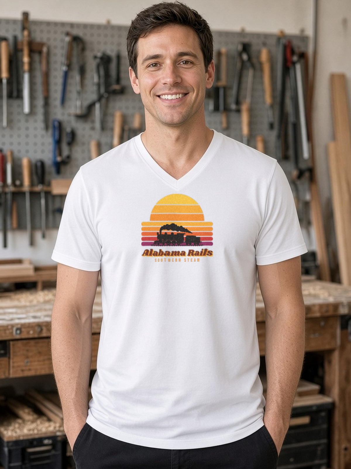 Southern Steam Sunset Alabama Rails V-Neck Tee (Poly Blend) - White