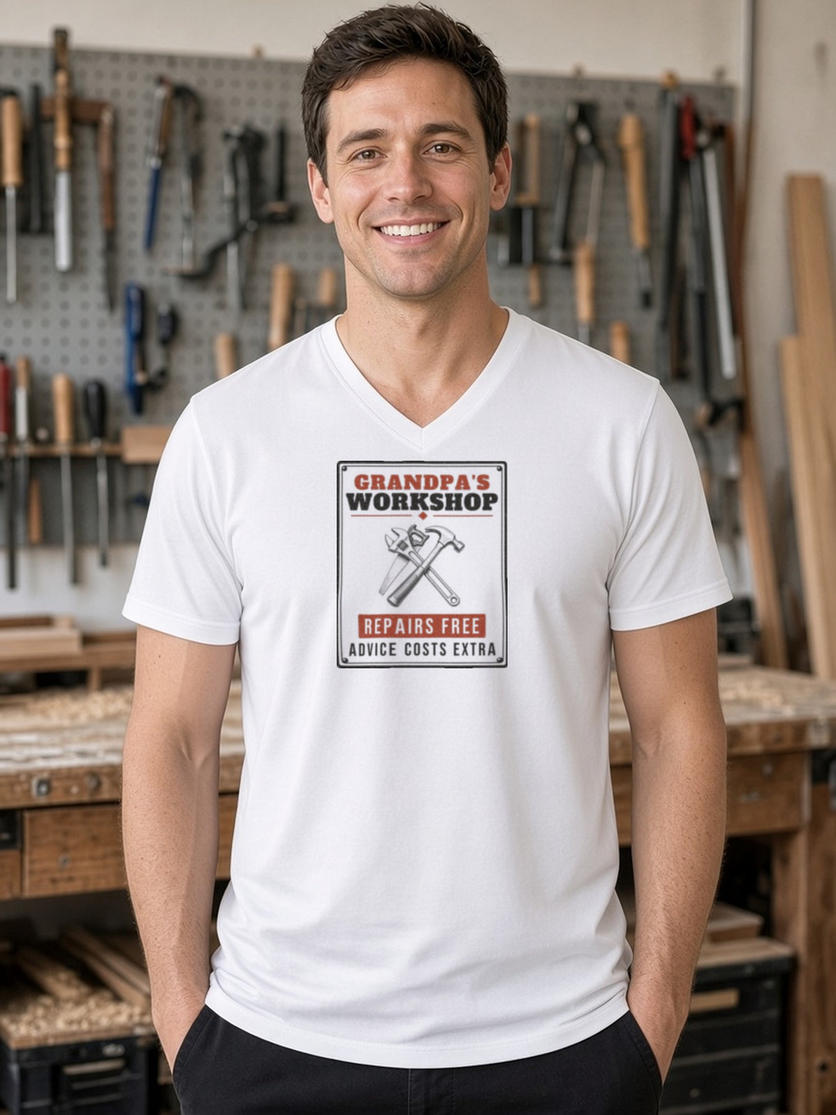 Grandpa's Workshop Tin Sign V-Neck Tee (Poly Blend) - White