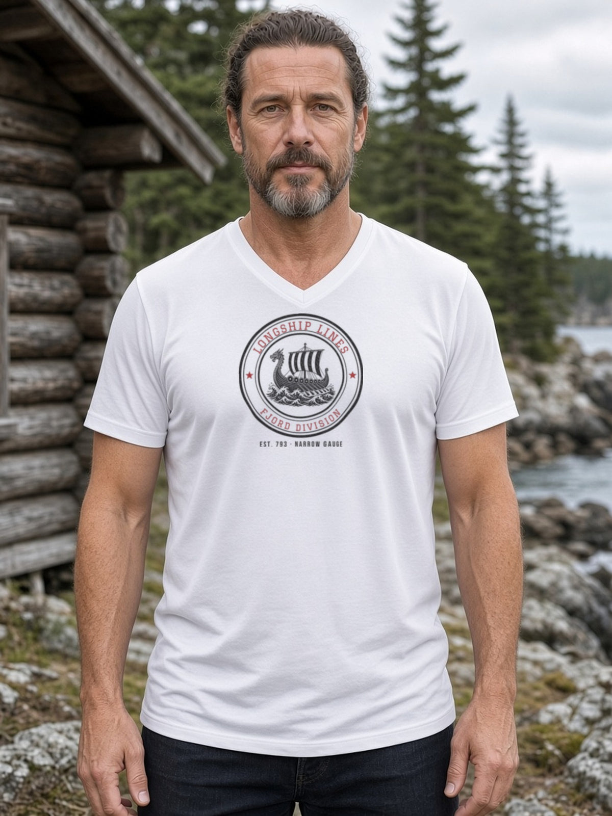 Longship Lines Railroad Herald V-Neck Tee (Poly Blend) - White