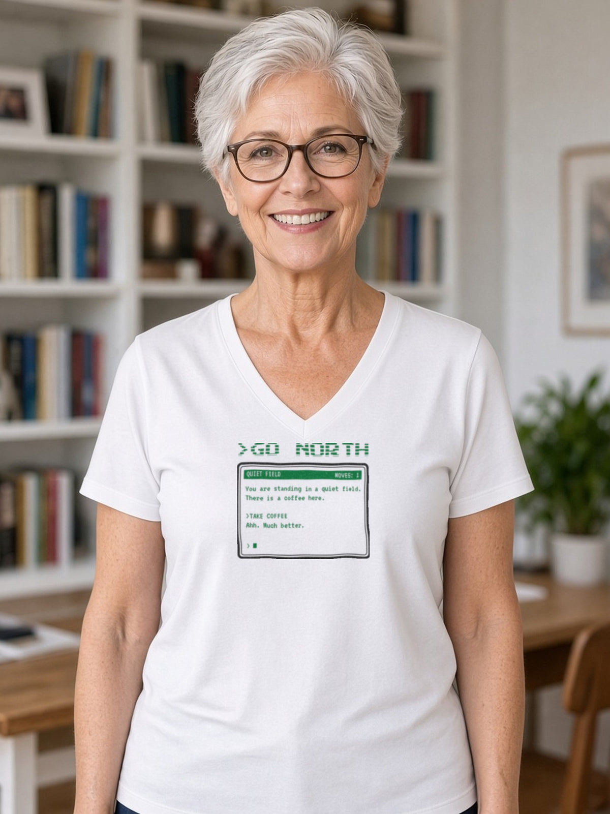 >GO NORTH Retro Text Adventure V-Neck Tee - White